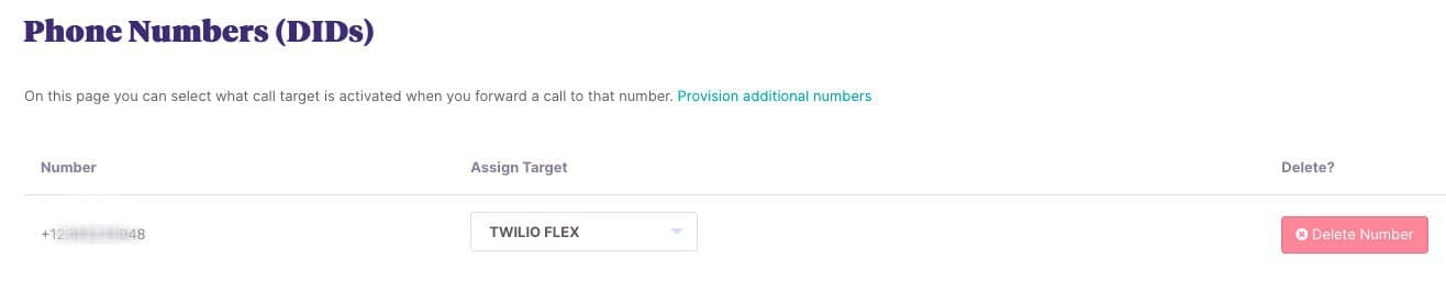 Phone number assigned to Twilio Flex with delete option.