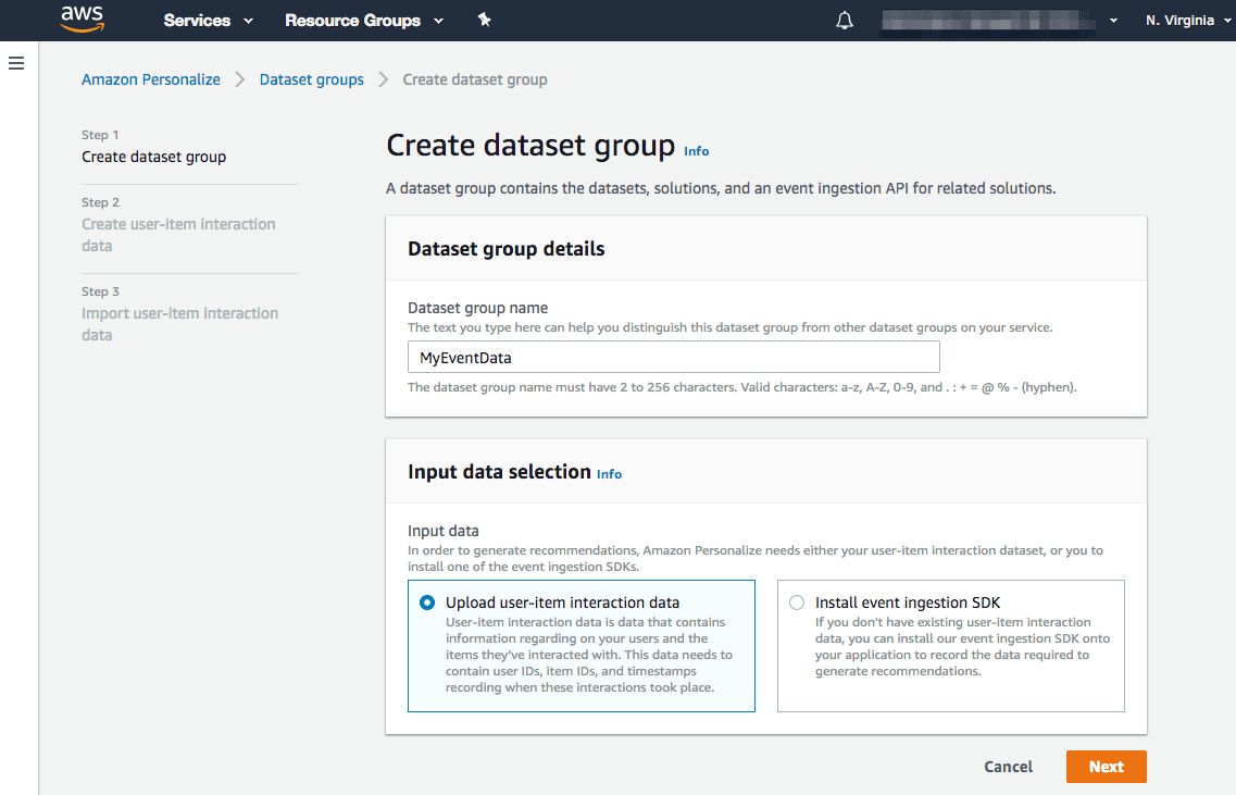 AWS Create dataset group page with MyEventData name and Upload user-item interaction data selected.