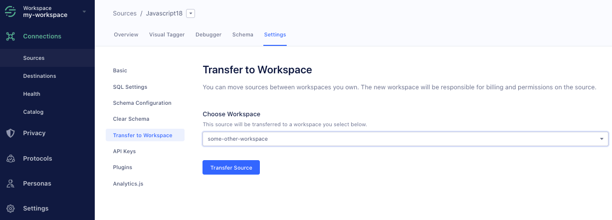 The Transfer to Workspace tab and Choose Workspace dropdown.