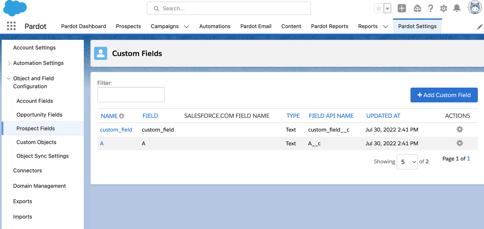 Pardot custom fields table with names, types, and update timestamps.