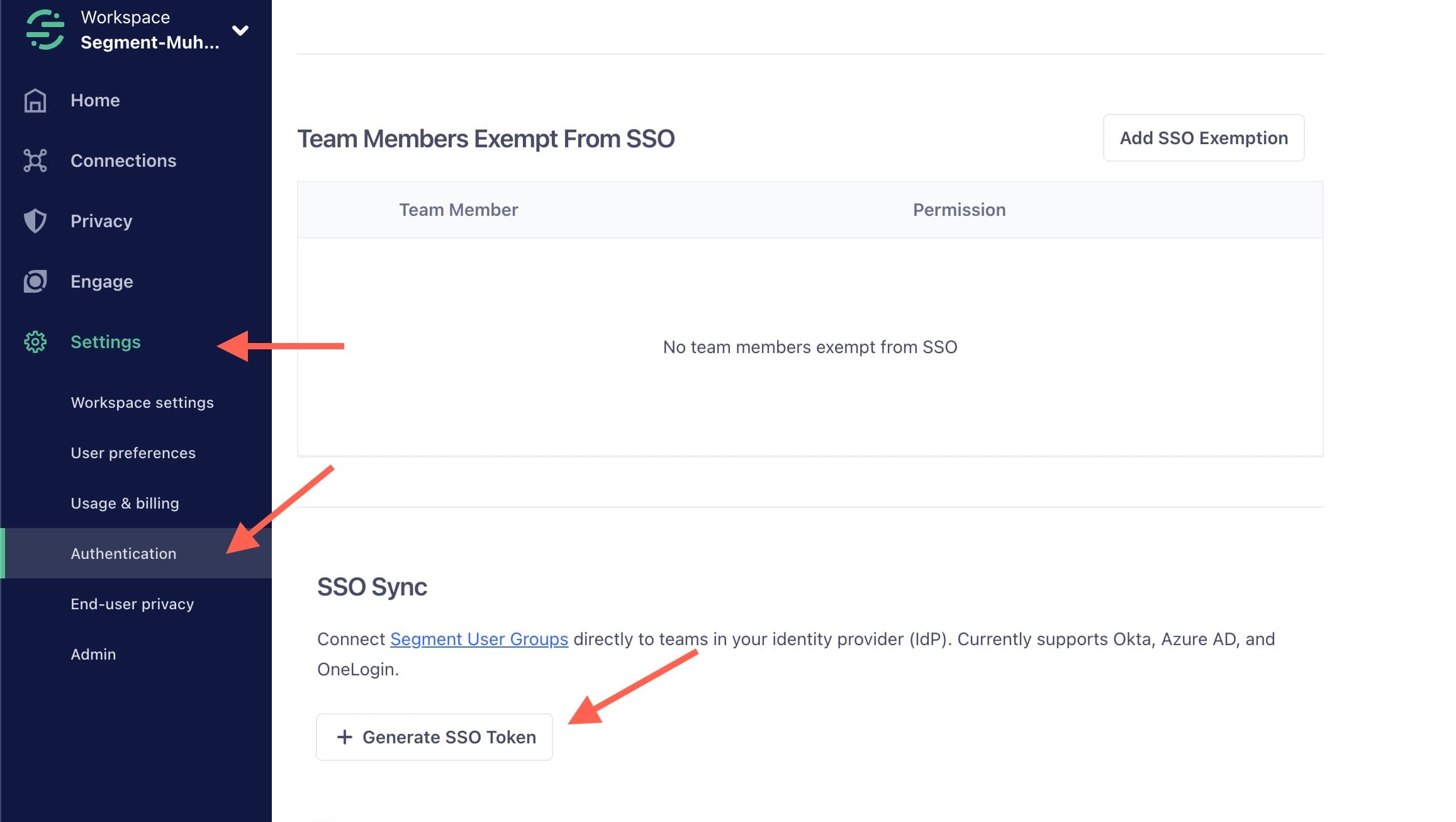 Settings sidebar with Authentication selected and Generate SSO Token button highlighted.