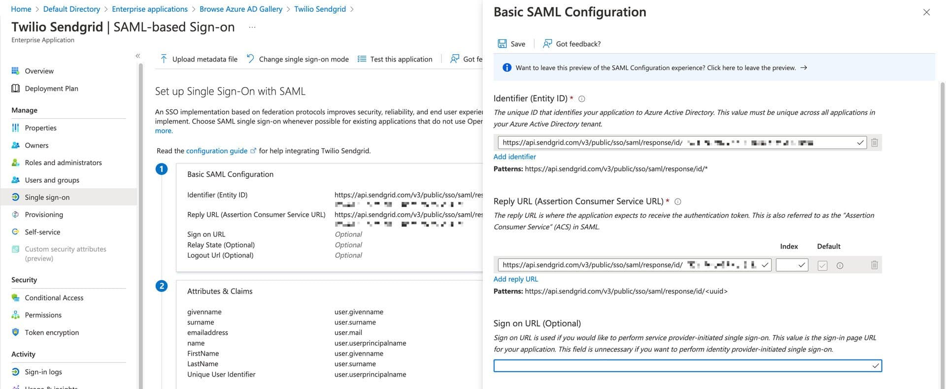 Add Twilio SendGrid SSO configuration values to your Azure AD application.