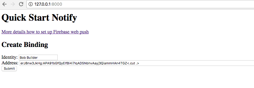 Notify Web Push Quickstart App Create Binding.