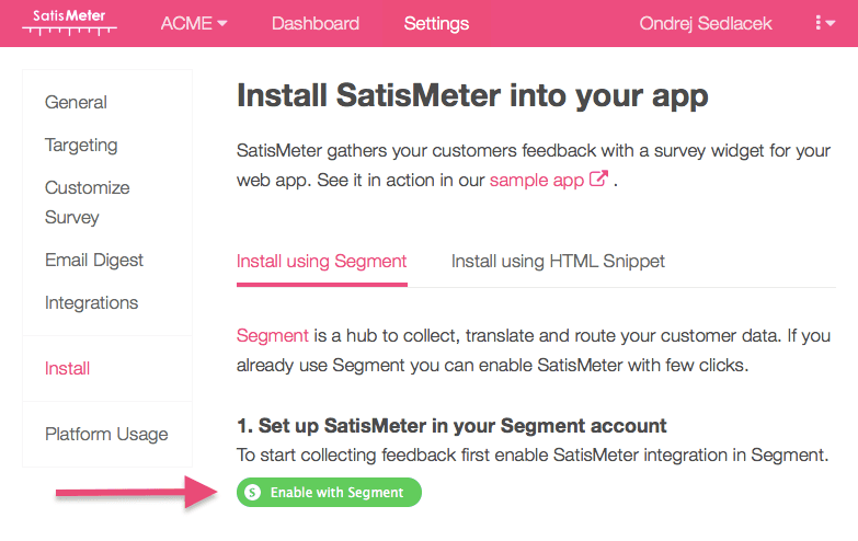 Enable with Segment button for SatisMeter integration setup.