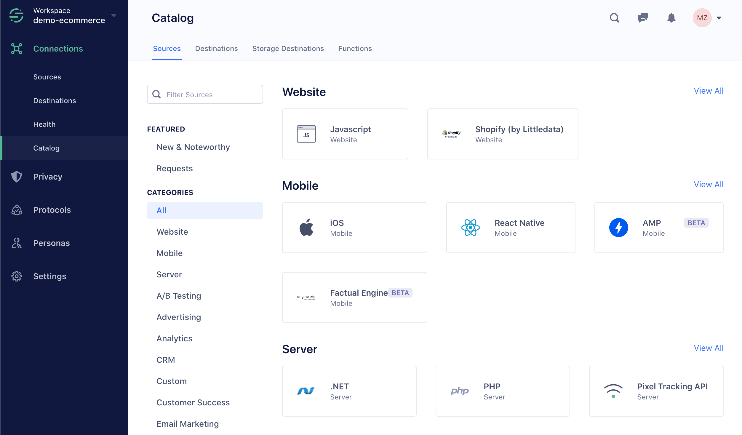 Segment Integration Catalog depicting three different destination categories.