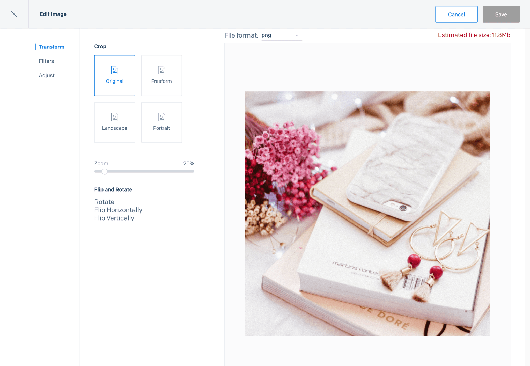 The Image Editor landing page shows the top level editor actions on the left and an image preview on the right.
