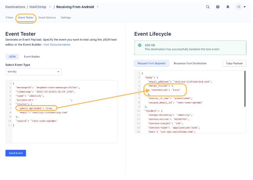 Event Tester interface showing JSON payload and successful event response.