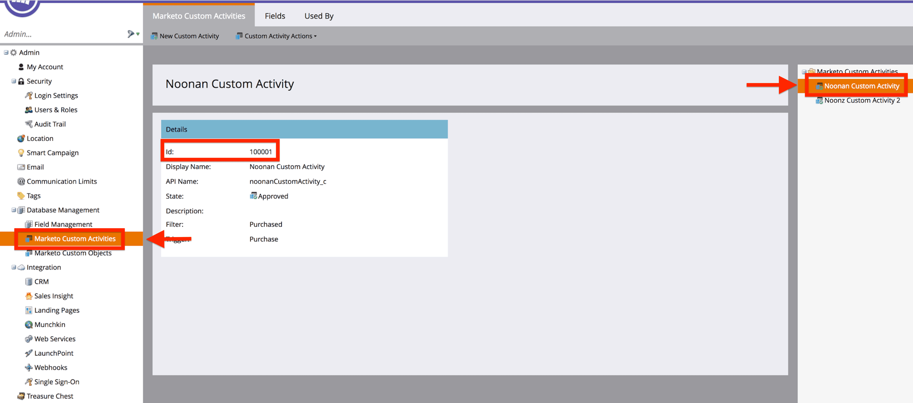 Marketo interface showing Test Custom Activity details with trigger test_custom_activity_trigger highlighted.