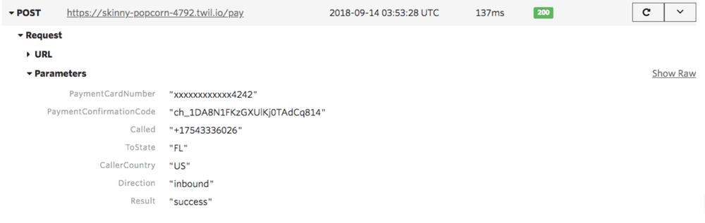 Call log showing payment confirmation with result success and caller from US.