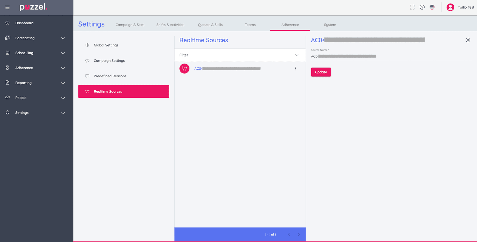 Puzzel WFM settings page showing Realtime Sources under Adherence.