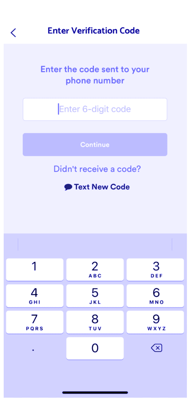 OTP verification screen with a keypad and option to text a new code.