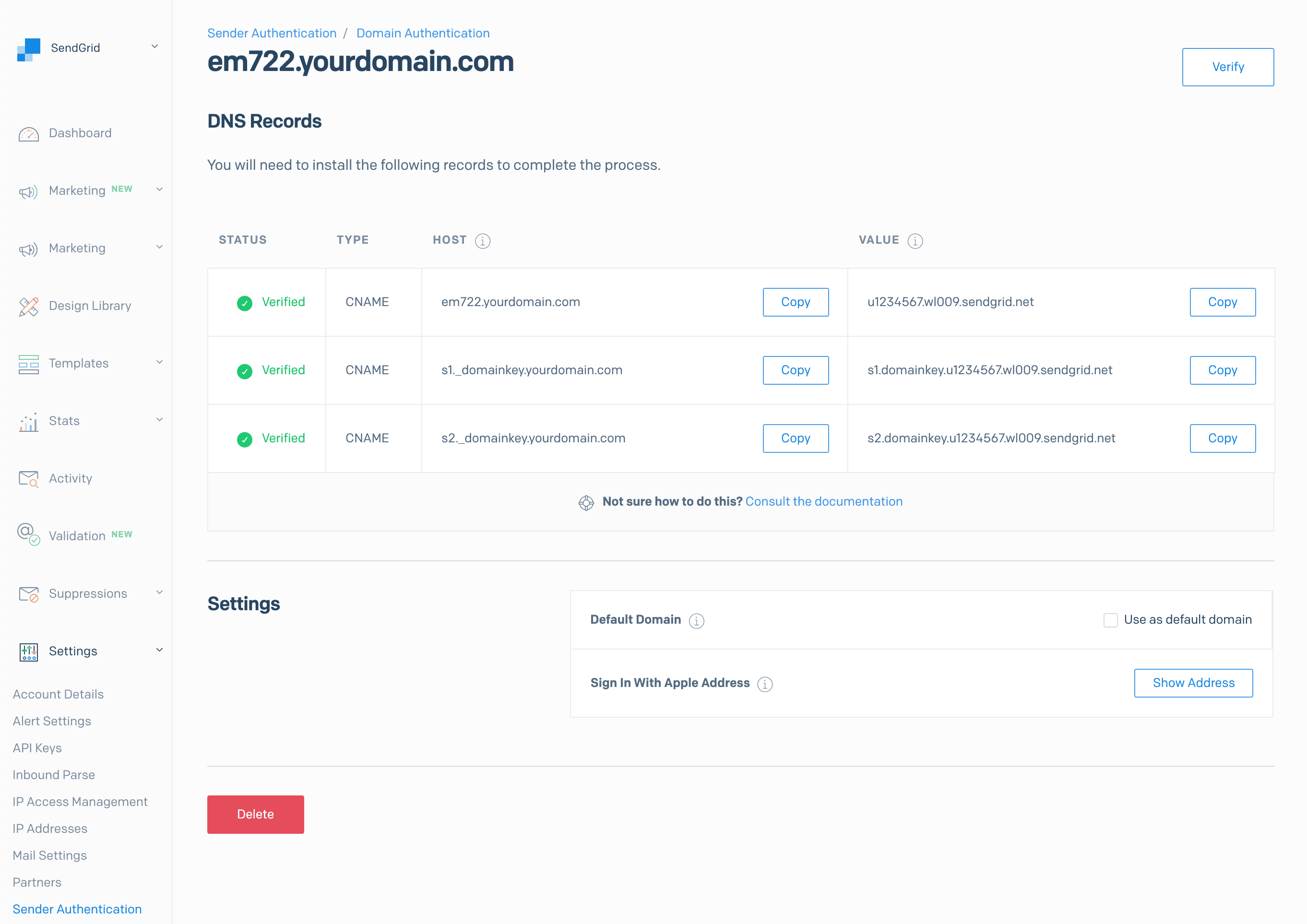 Sender Auth Domain Settings.