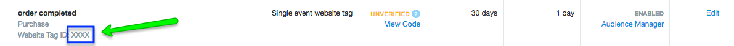 Twitter Ads conversion event with highlighted Website Tag ID and unverified status.