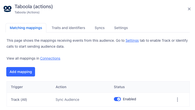 Taboola actions Matching mappings tab showing enabled sync audience mapping.