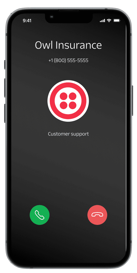 Mobile screen showing Owl Insurance call with logo and customer support reason.