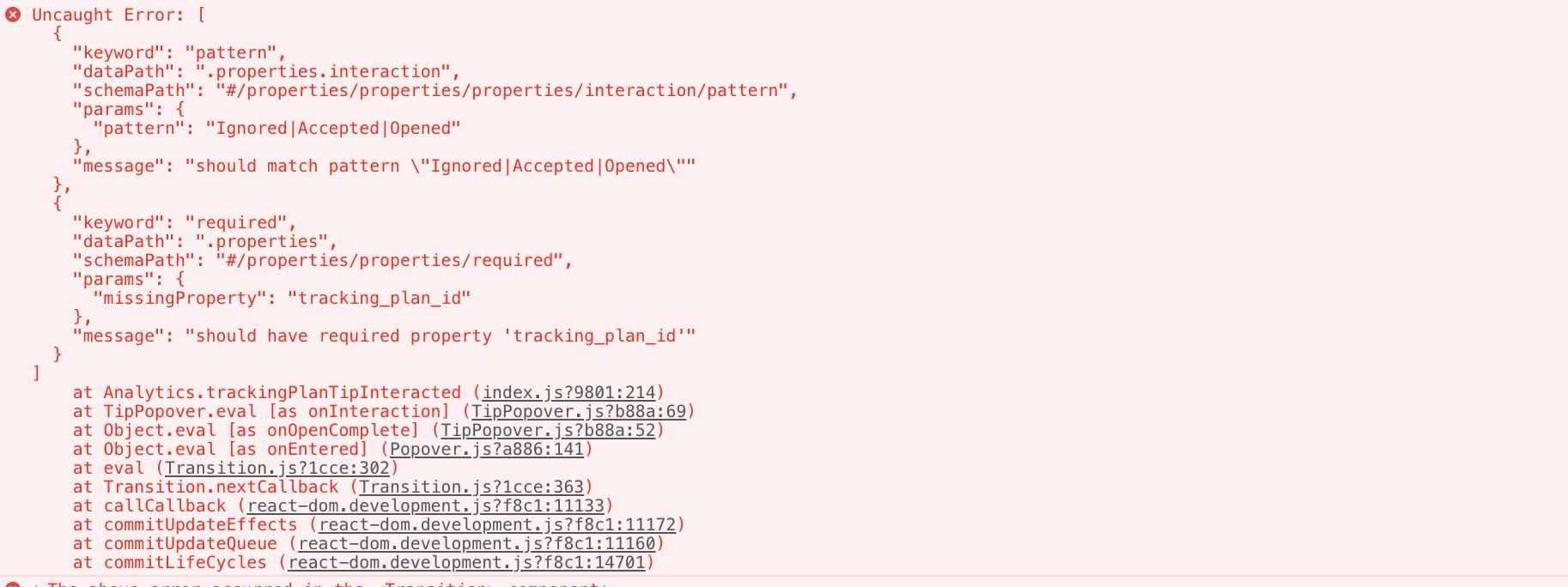 Error log showing pattern mismatch and missing property in runtime validation.