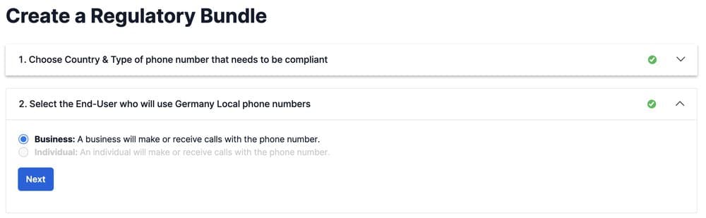 Select Business as the end-user for Germany local phone numbers.