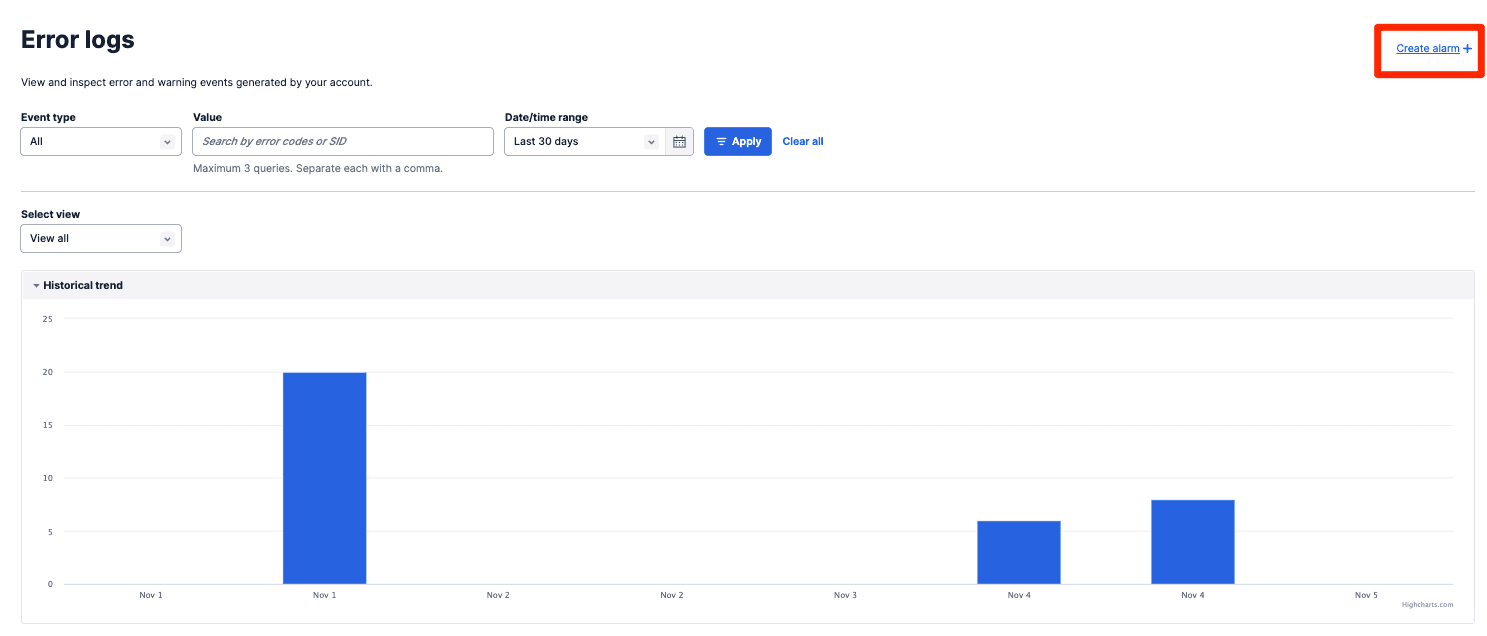 Menu with options to create alarm or inspect for a Twilio error event.