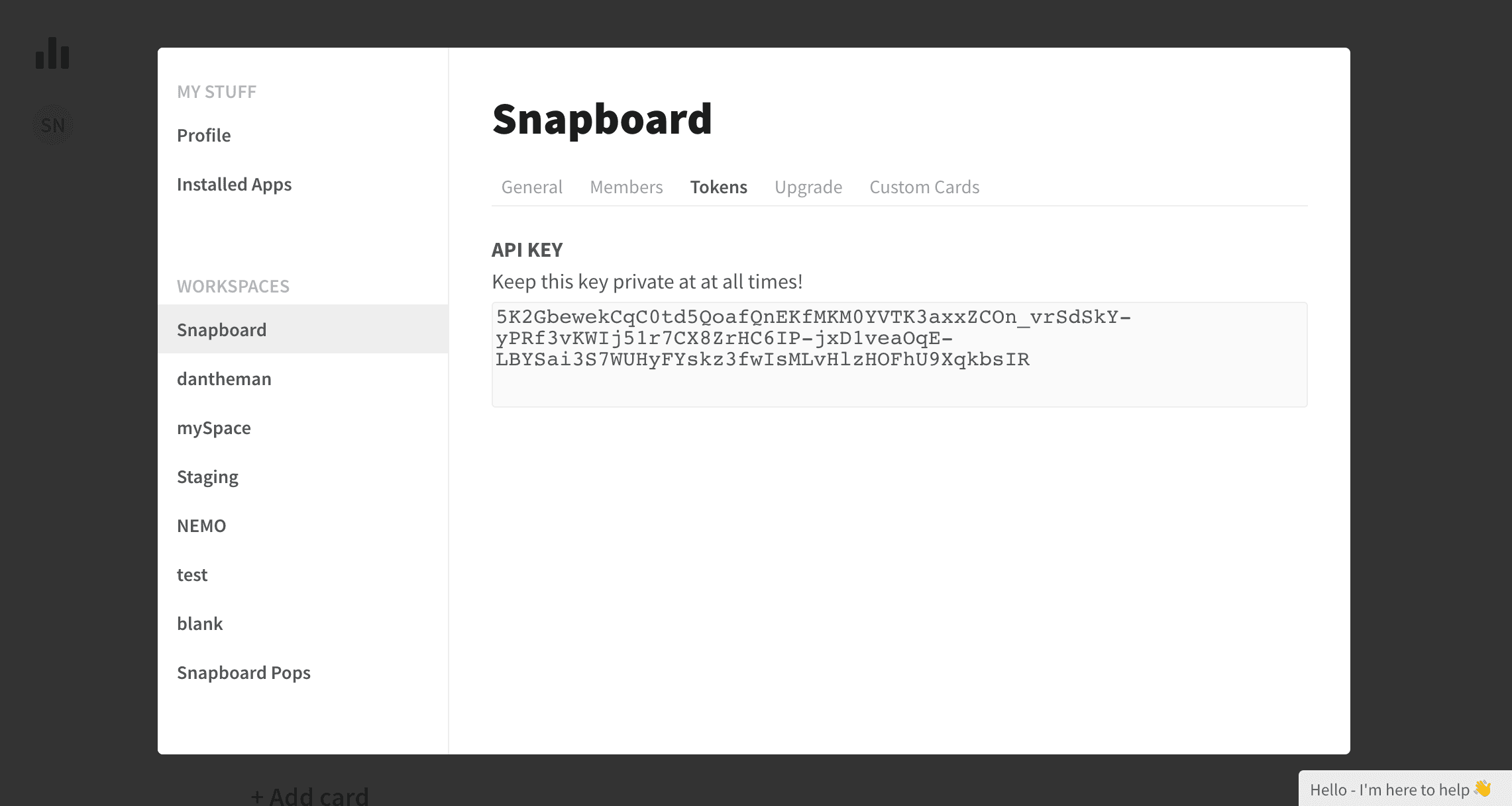 Snapboard API key displayed with a warning to keep it private.