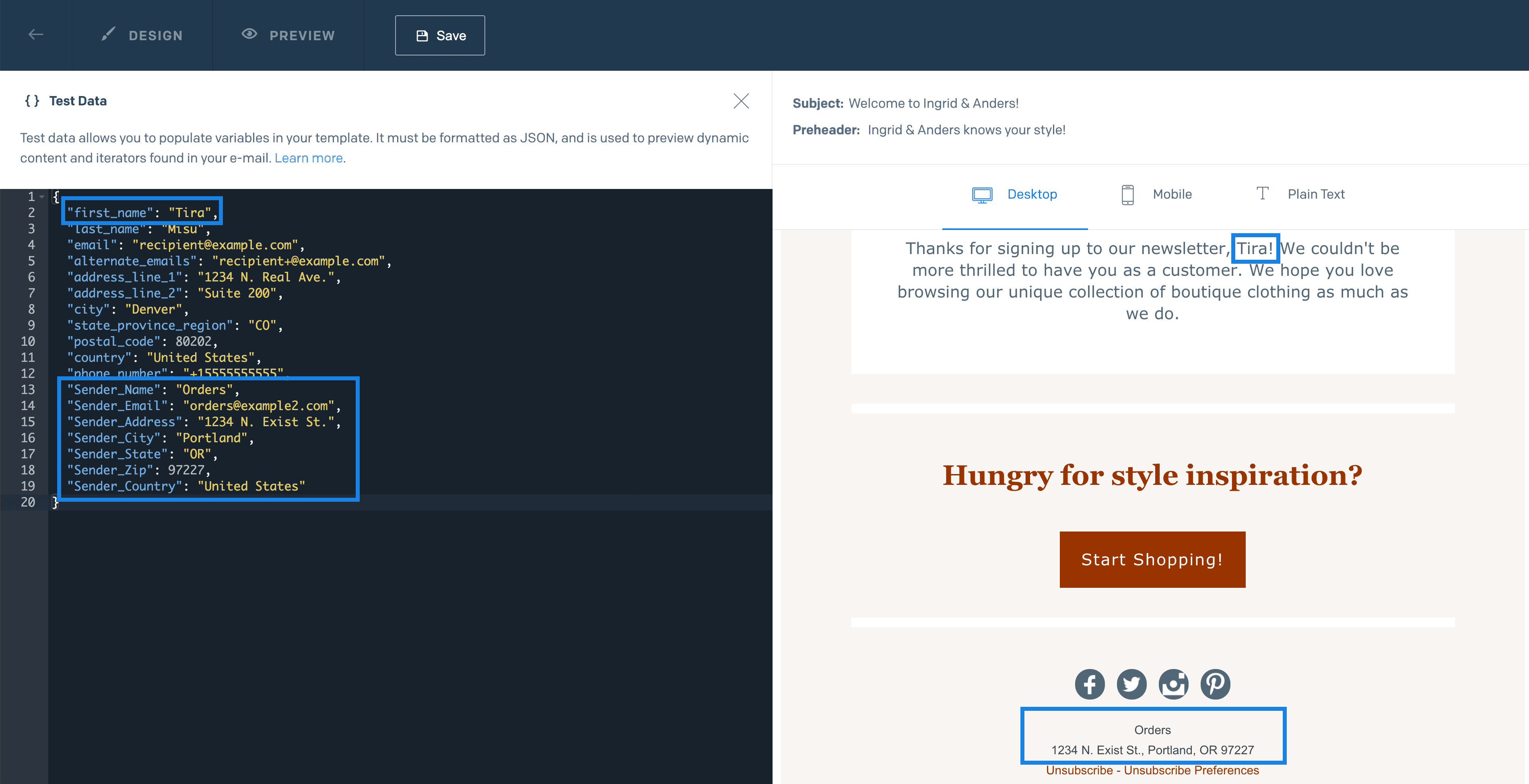 A side-by-side view of the test data and the rendered values in the template.