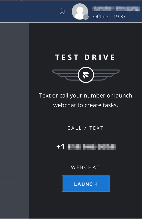 Test Drive interface with options to call, text, or launch webchat to create tasks.