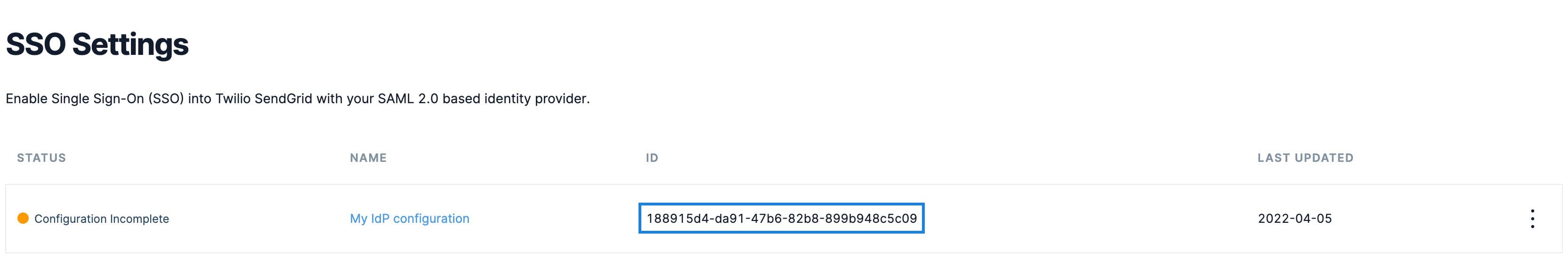 The SendGrid integration ID on the SSO Settings Page.