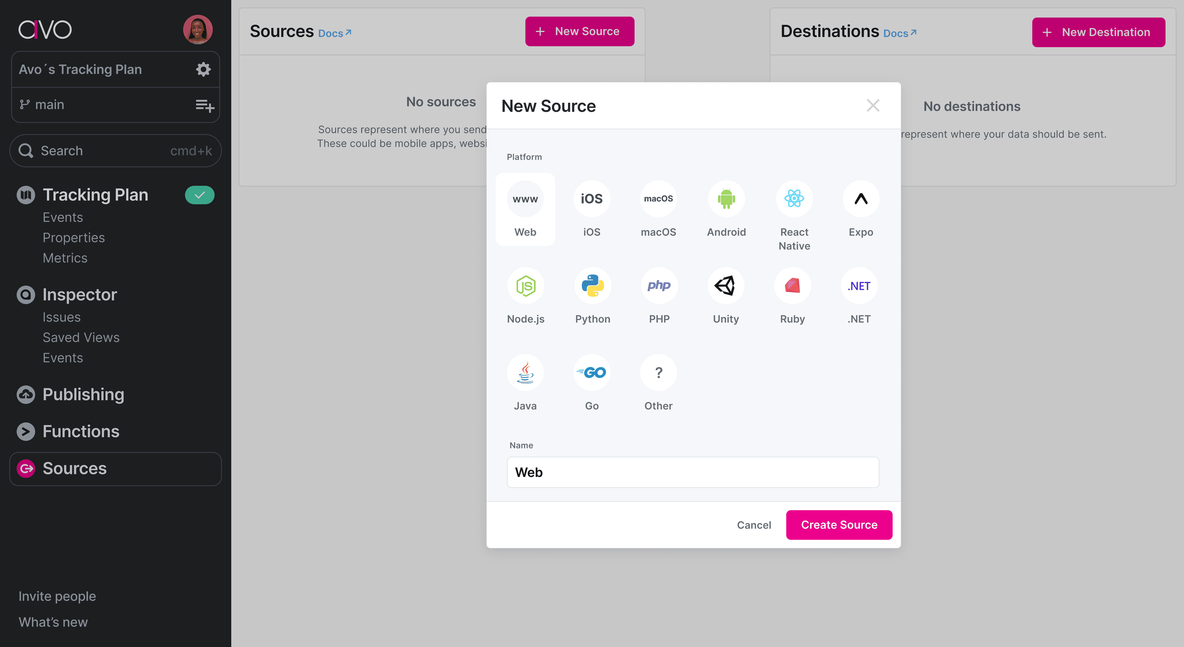 Dialog to select a new source platform in Avo with options like Web, iOS, and Android.