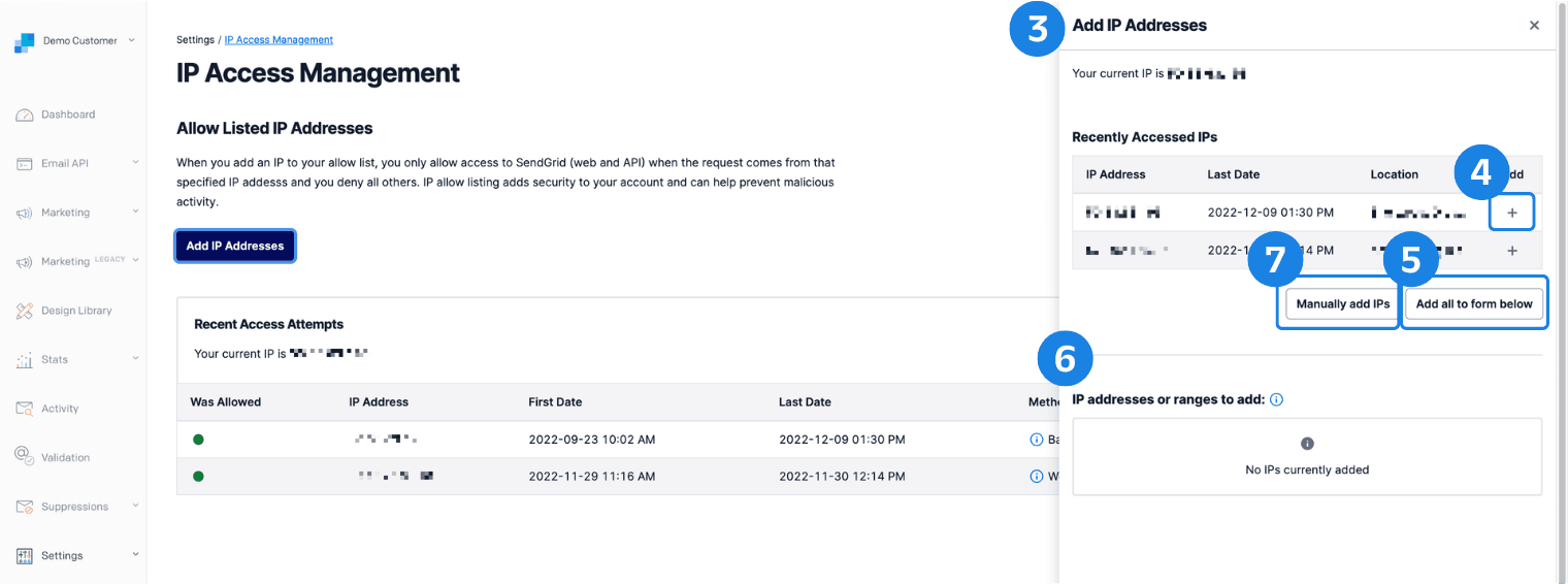 Adding IP addresses from the IP Access Management menu.
