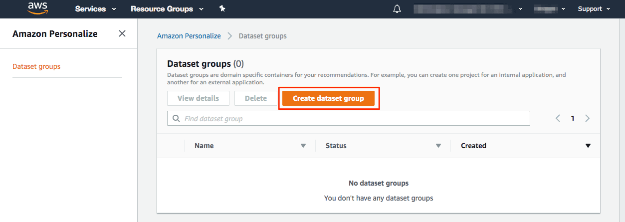 Amazon Personalize interface highlighting the Create dataset group button.