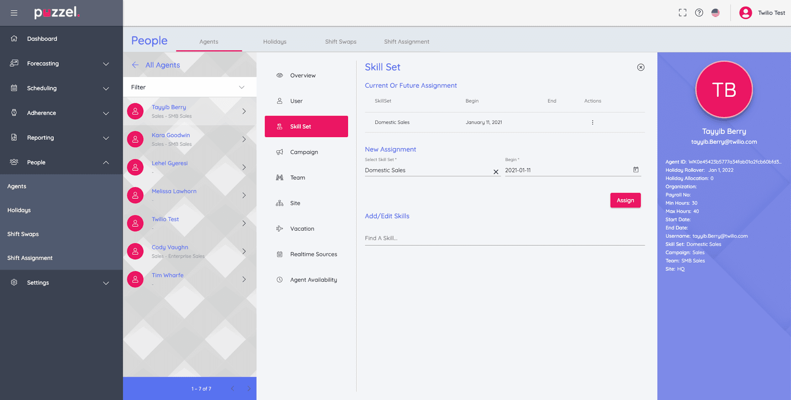 Puzzel WFM interface showing skill set assignment to agents with details for Tayjub Berry.