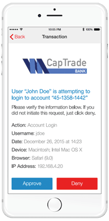 Mobile app screen showing login attempt details with approve and deny options.