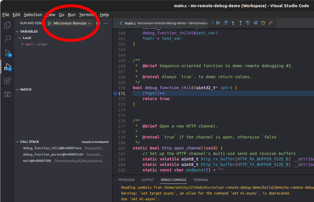 Microvisor Remote Debugging with VSCode: start a debugging session.