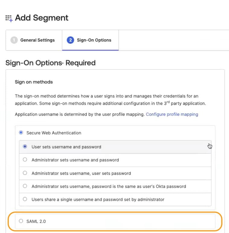 Sign-On Options page with SAML 2.0 highlighted in Okta settings.