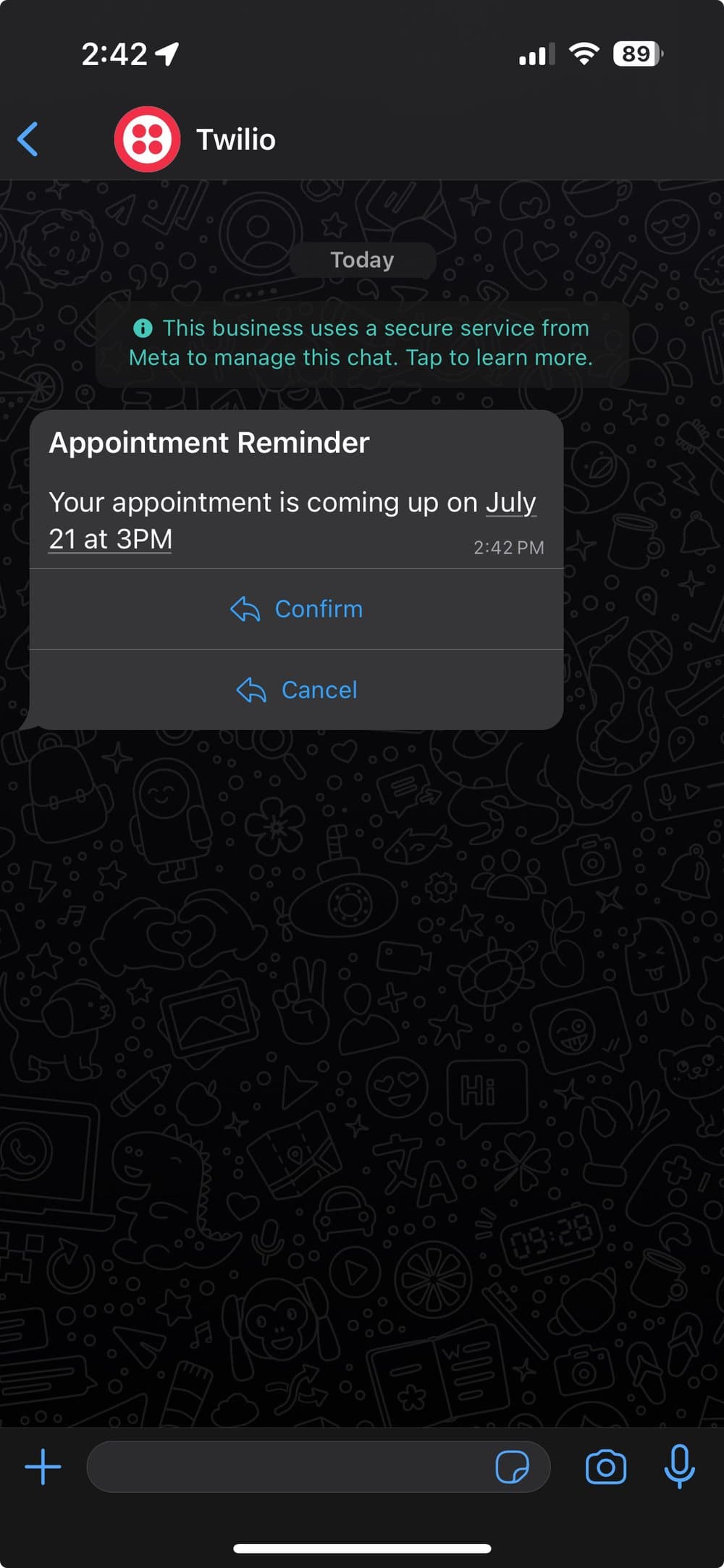 WhatsApp Sandbox Chat Thread showing an appointment reminder for July 21 at 3 PM with options to Confirm or Cancel.