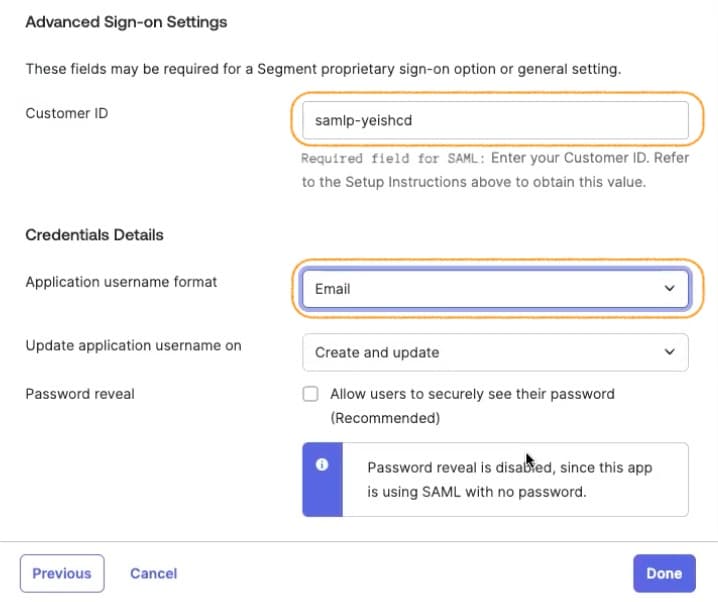 Okta SSO settings showing Customer ID, application username format as Email, and password reveal option disabled.