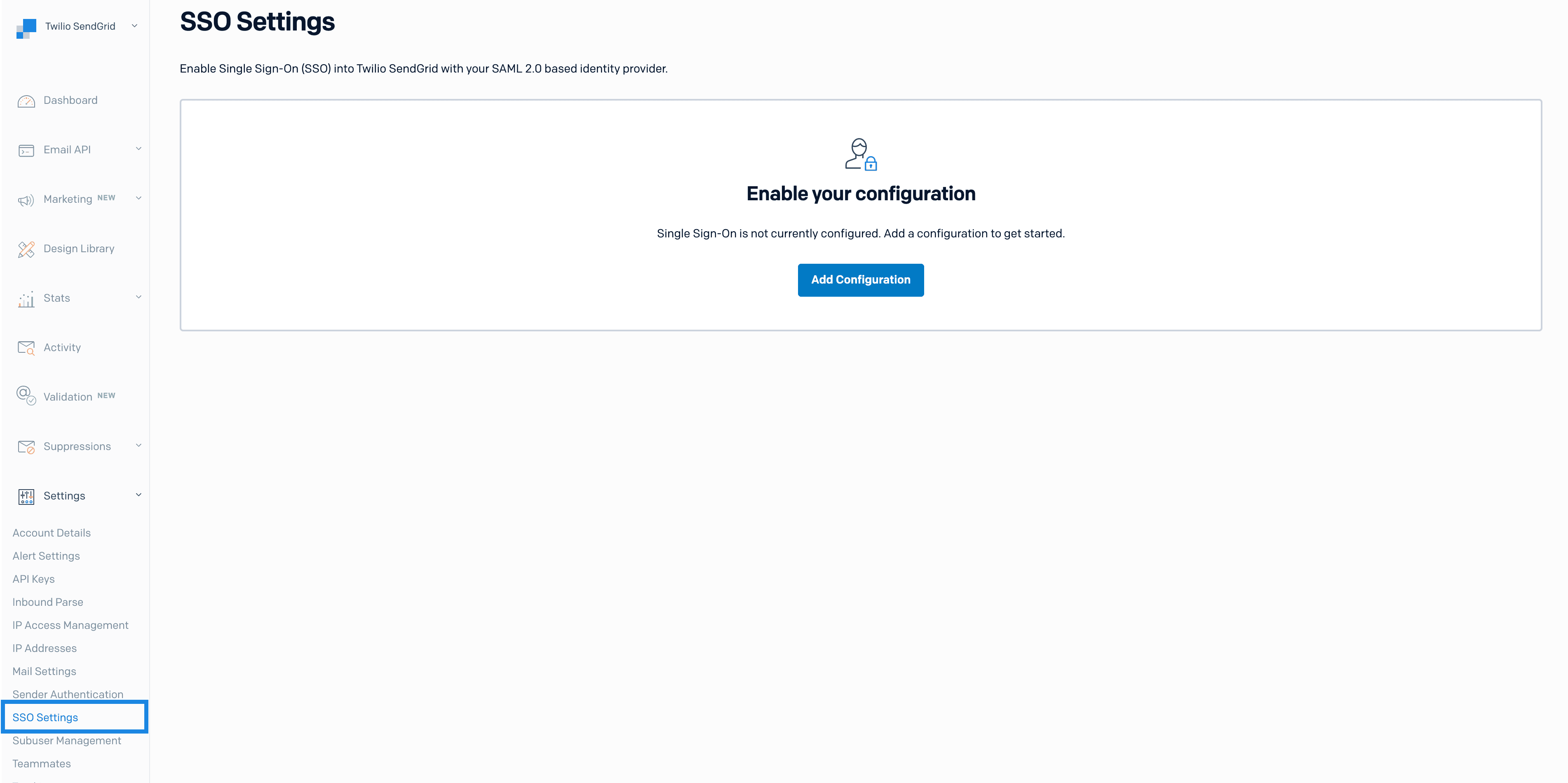 Twilio SendGrid SSO settings page.