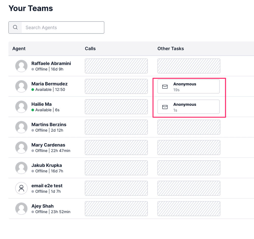 Team view showing agents with email tasks labeled anonymous and time elapsed.