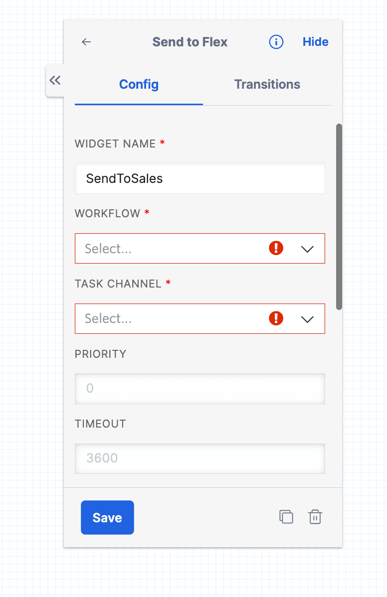 SendToSales Widget Configuration panel.