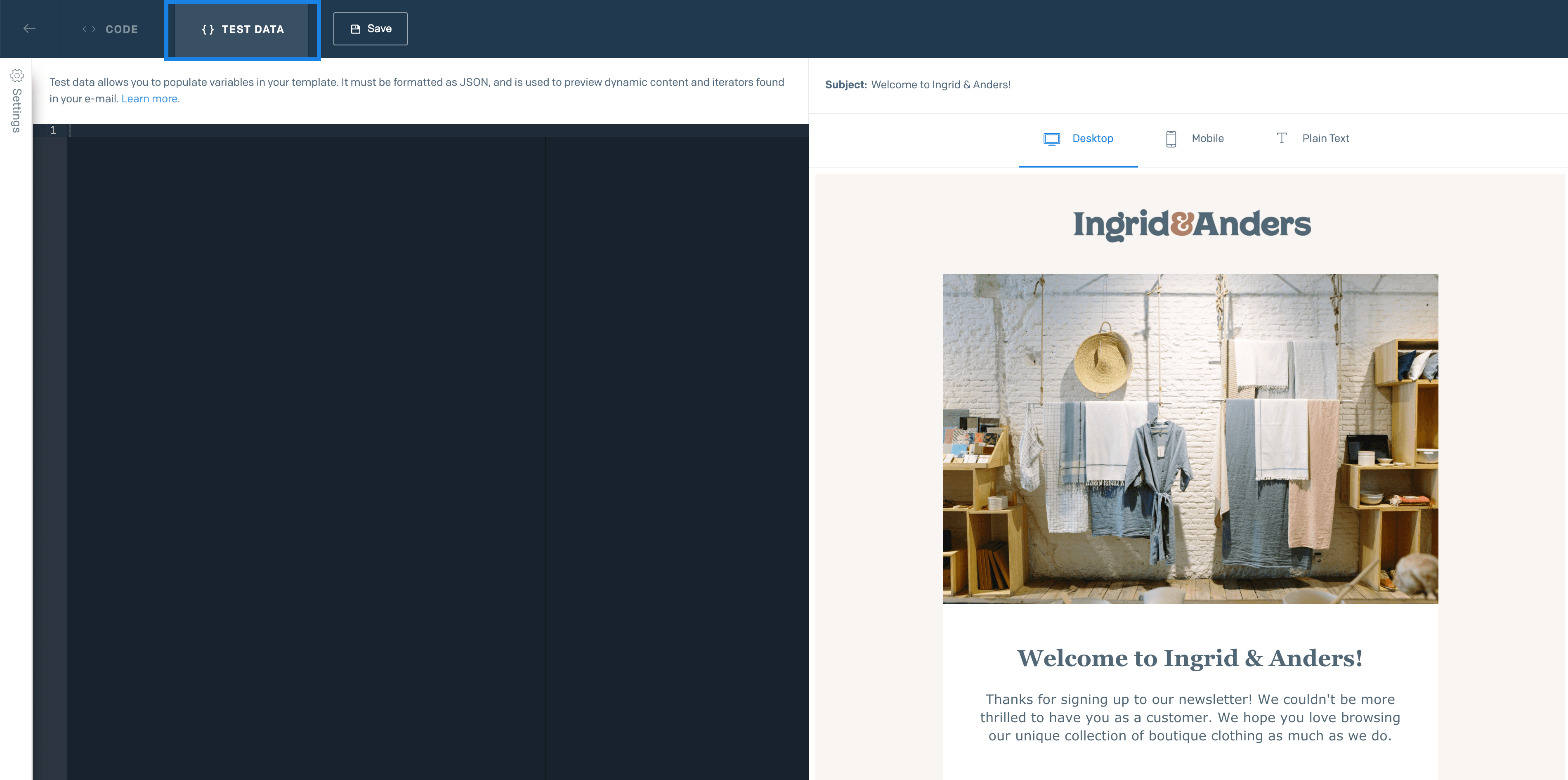 The Code Editor's Test Data tab with a side-by-side view of the design and a window to place your test data.