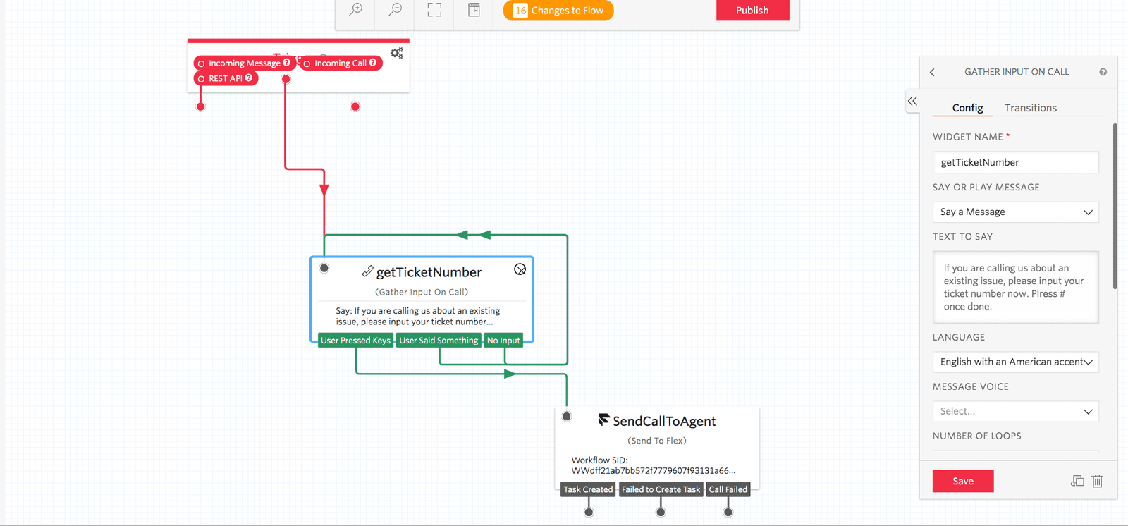 Flowchart showing IVR process for gathering ticket number with options for user input and call routing.