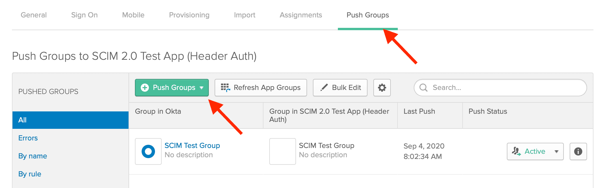 The Push Group tab with a test group listed.