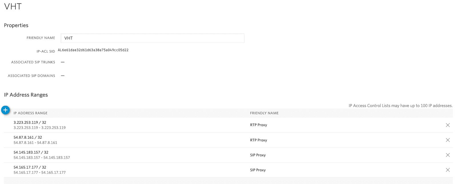 VHT properties with IP address ranges and friendly names for RTP and SIP proxies.