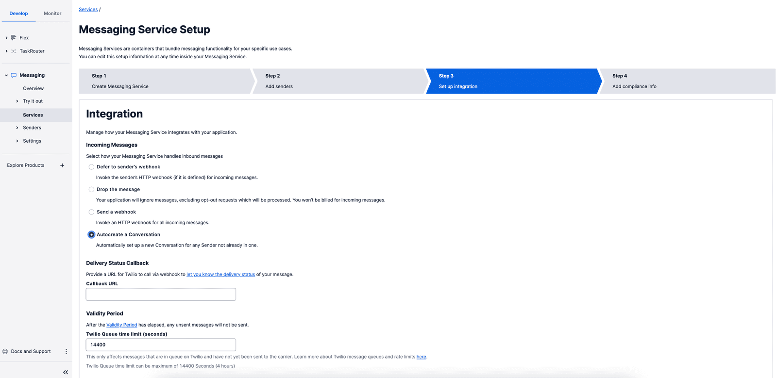 Messaging Service setup with integration options like autocreate conversation and webhook settings.