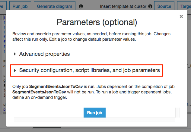 Parameters panel with options for advanced properties and security configuration.