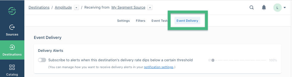 The Event Delivery tab highlighted in the destination settings.