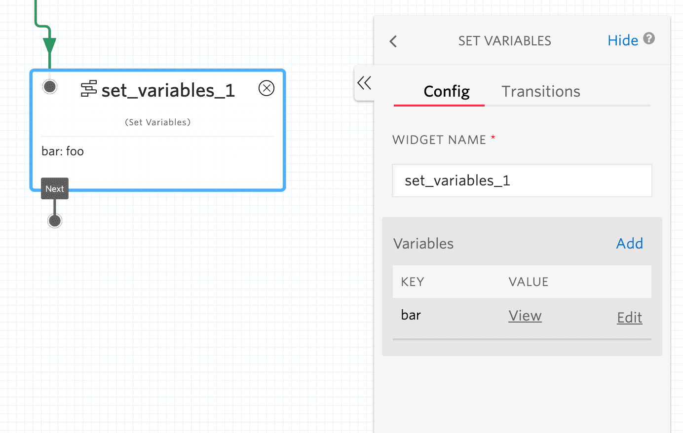 A simple Studio Set Variables widget, where the key is bar and value is foo.