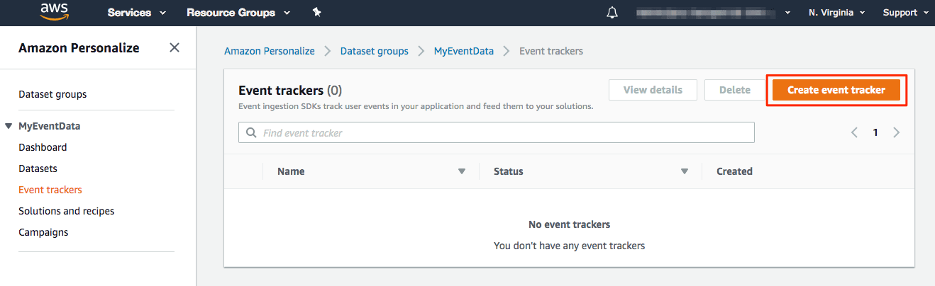 Amazon Personalize Event trackers page with highlighted Create event tracker button.