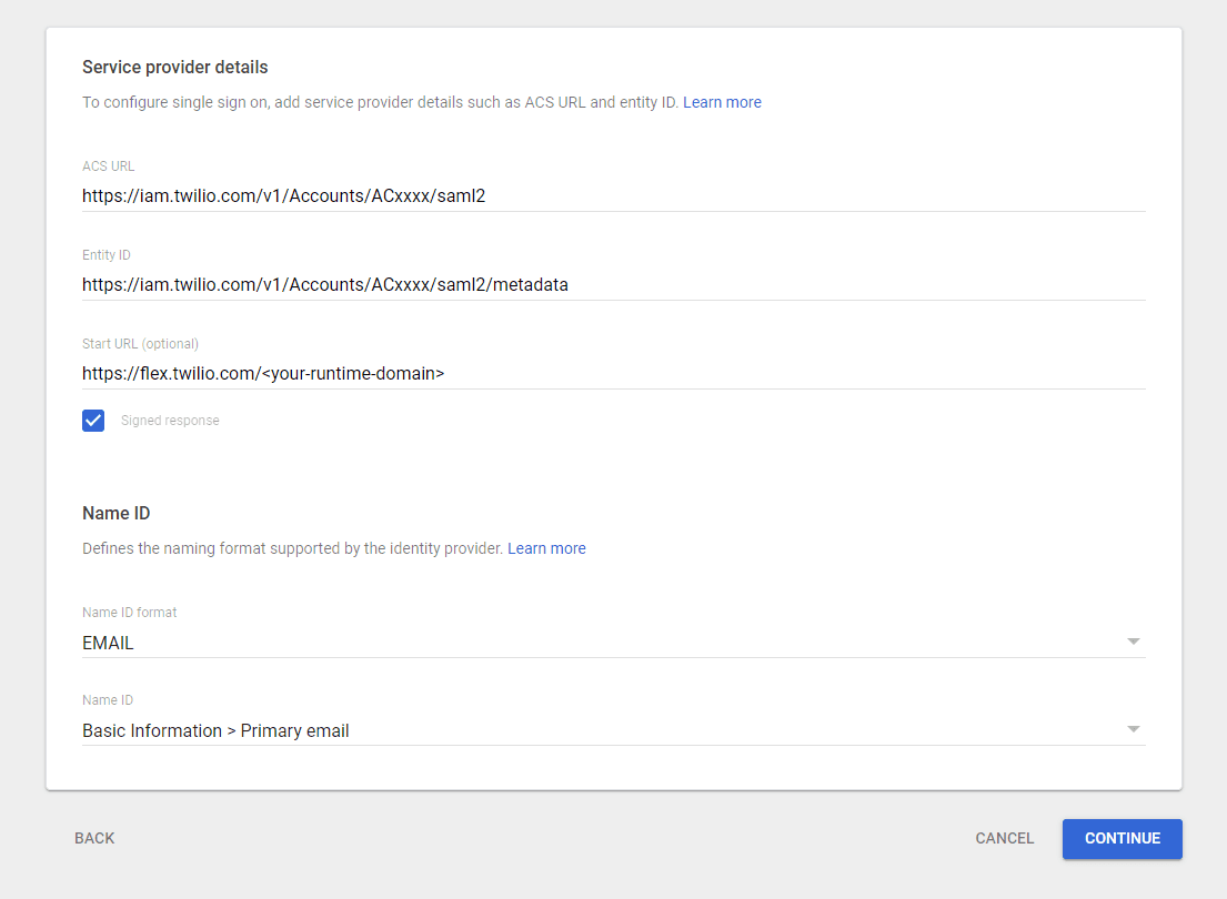 Service provider details for Google SSO configuration with ACS URL, Entity ID, and Name ID format set to EMAIL.