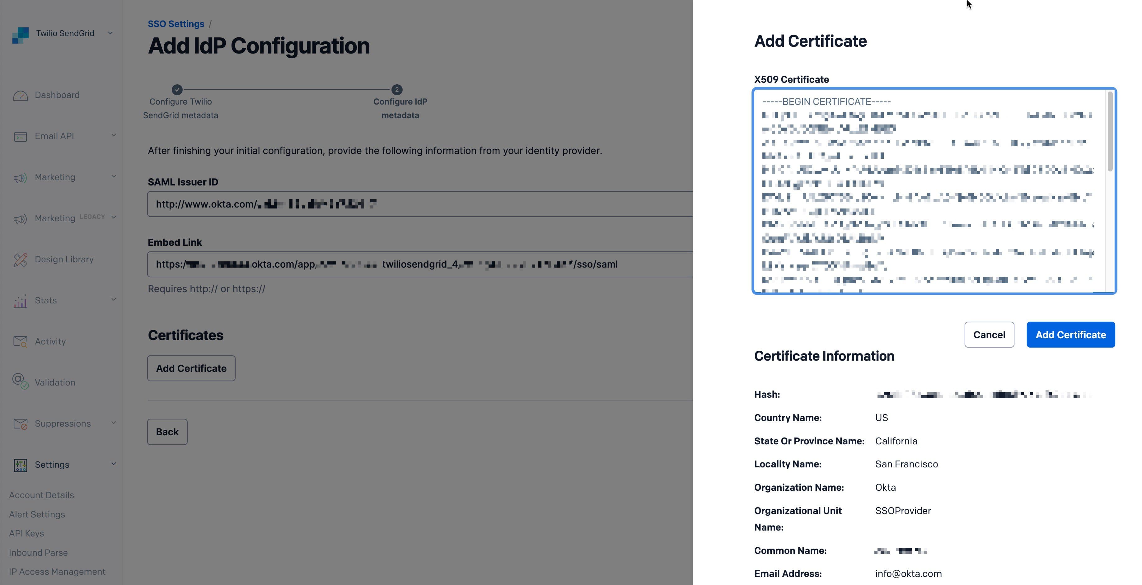 Add an X509 certificate to Twilio SendGrid.