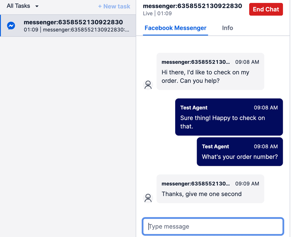 Facebook Messenger chat interface showing customer and agent conversation about an order.
